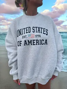 Pearl Grey United States Of America Embroider Flag Sweatshirt