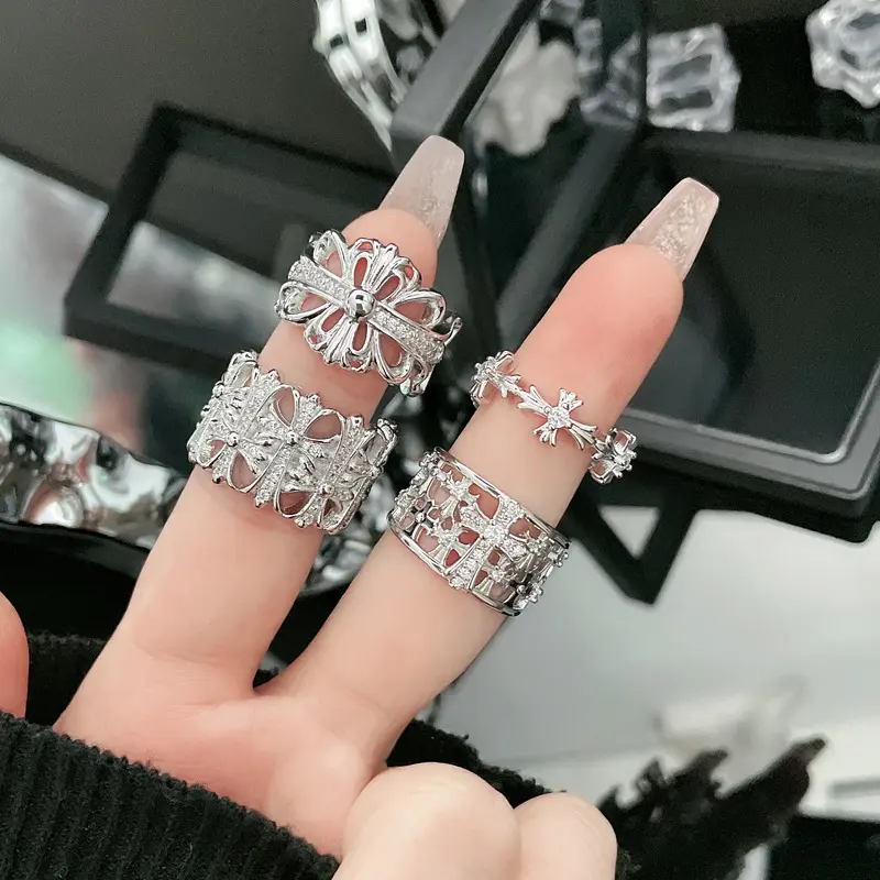 Women Punk Cross Ring Adjustable Gothic Jewelry Edgy Iris Flower Design Stackable Statement Rings Unisex Grunge Fashion Handmade Silver Tone