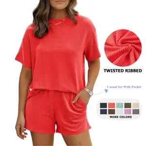 Asvivid Women's Summer Short Sleeve Twisted Thread Shirt & Shorts with Pockets Casual Pajamas Ribbed Textured Outfit Matching Lounge Set