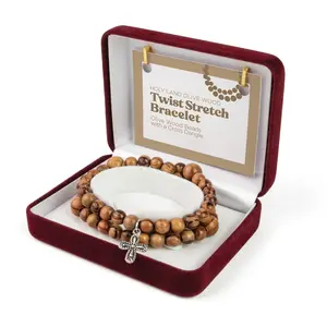 Twist Stretch Bracelet with Olive Wood Beads and Cross Dangle in Velvet Box
