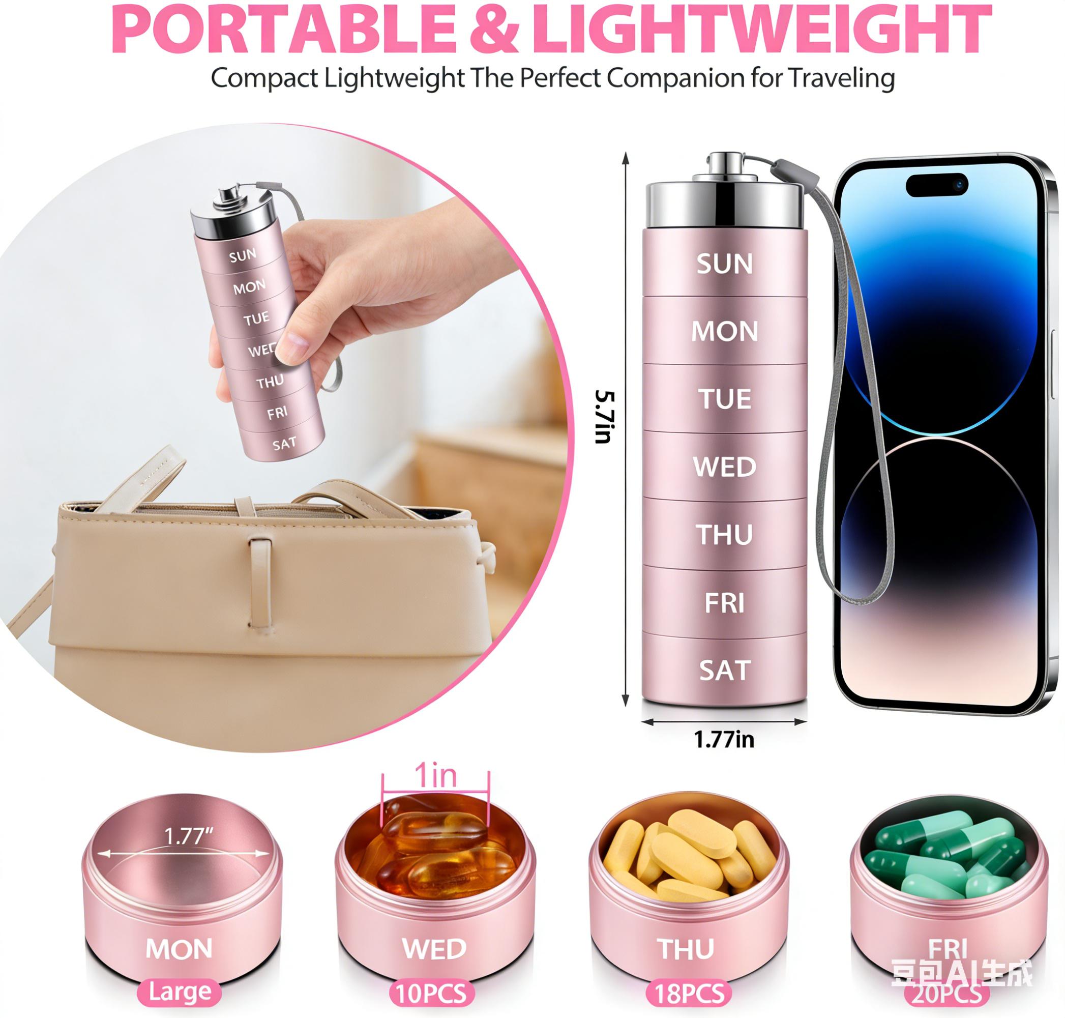 Anti-Tip Base Metal Travel Pill Organizer 2026 Version Portable Vitamin Organizer Stackable Aluminum Alloy Large Compartment Box for Supplements BPA-Free Waterproof Seals