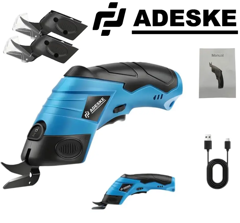 ADESKE 3.7V Cordless Electric Scissors with Battery Display, Rechargeable Dual Blade Cardboard Cutter, Easy Blade Replacement, Suitable for Thin Cardb