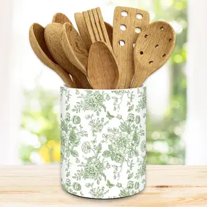 Green Chinoiserie Floral Ceramic Utensil Holder Vintage Flower Butterfly Utensil Crock for Home Kitchen Countertop Storage Organizer Container