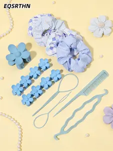 17Pcs Multifunctional Flower Hair Claw Clips and Scrunchies Set with Ponytail Braid Tool, Summer Elegant Floral Updo Hairstyling Kit