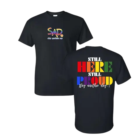 Stay Another Day Women's T-Shirt - Casual "Still Here, Still Proud" Rainbow Graphic, Cotton-Poly Blend for Pride 2025 & Mental Health Awareness, Everyday, Piece, T Shirts, Graphic Tee, Shortsleeve, Printed, Lady, Round Neck, Rainbow Stripe, Tops
