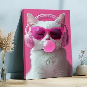 1pc Framed Wall Art, Wrapped Canvas Poster Vintage Prints, Pink, A White Cat Wearing Headphones And Pink Sunglasses, Home Living Room Bedroom Ofice Wall Decor, Birthday Party Decor, Hanging Hardware Included - Framed, Vertical Gifts Decoration