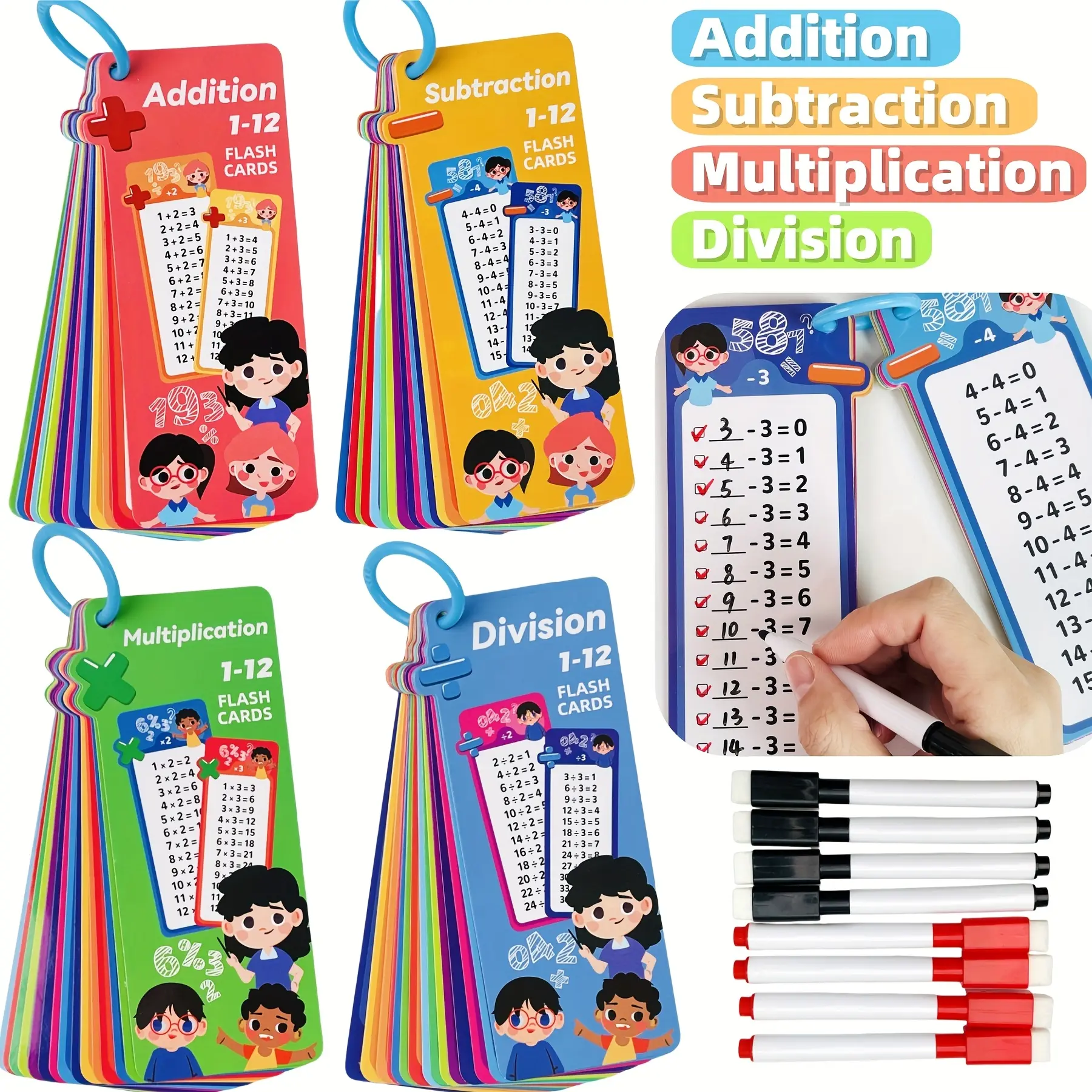 Reusable Arithmetic Flash Cards - 0-12 Addition-Subtraction-Multiplication-Division Teaching Tools for 4-6 Years Old Kindergarten Kids, Kids Alphabet & Number Toys for Number Sense Enlightenment