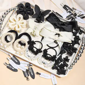 56Pcs Adorable Hair Accessories Bundle In Gift Box! Scrunchies (Pearl/Crystal/Bowknot/Beaded) + Claw Clips (Butterfly/Flower) + Bobby Pins Cute Hair Styling Set for Women & Girls | Daily/Party Gifts