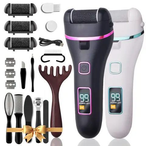 FACEPOS Electric Feet Callus Remover with LED Light, Waterproof Rechargeable Pedicure Tools, 3 Rollers, 17 in 1 Pedi Set, Foot Massage Tool, Dead Skin Care, Nail Art & Manicure Accessories - Cutics Pedicure Kit Nail Care