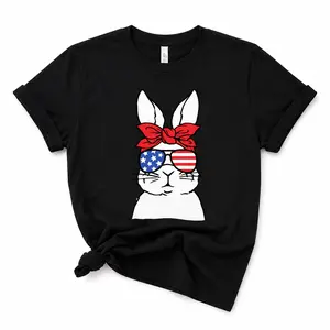 Patriotic Bunny 4th of July T-Shirt for Women, Cute Rabbit American Flag Sunglasses Graphic Tee, Short Sleeve Crew Neck Top, Independence Day Summer BBQ Fireworks Parade Outfit Gift