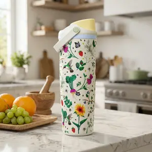 Spring Garden Inspired 30oz Insulated Drinking Tumbler with Flip Sip Top Portable Carry Handle Reusable Stainless Steel Beverage Cup for Outdoor Adventure Workout and Everyday Hydration