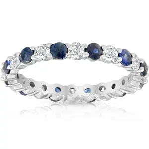 1 1/2ct Sapphire & Diamond Eternity Wedding Ring 14K White Gold