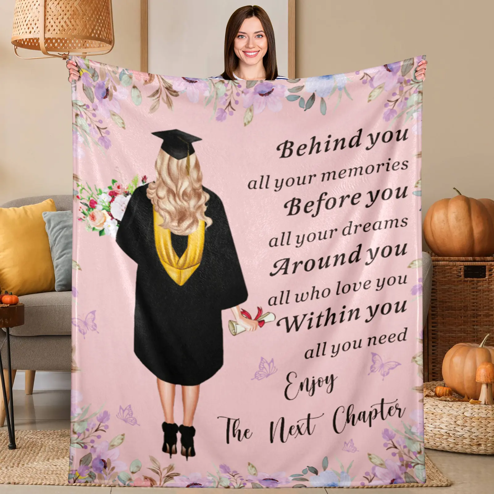 Class of 2026 College Graduation Flannel Throw Blanket - Ultra Soft, Cozy, Warm, Inspirational Floral Letter Accent - Wrinkle Resistant, Breathable, Durable, Fade Resistant, Commemorative Keepsake - Graduation Gift for Daughter, Dorm/Sofa Present, Persona