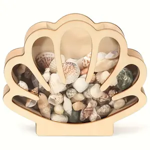 Boho Recycled Wood Shell-Shaped Storage Box + Acrylic Stand | Oval Multi-Compartment Organizer (Jewelry/Seashells/Trinkets) | Desk Vanity Accessory, Boho Home Decor | Natural Materials, Light Beige | Gift for Women (Valentine's Day, Wedding, Birthday)