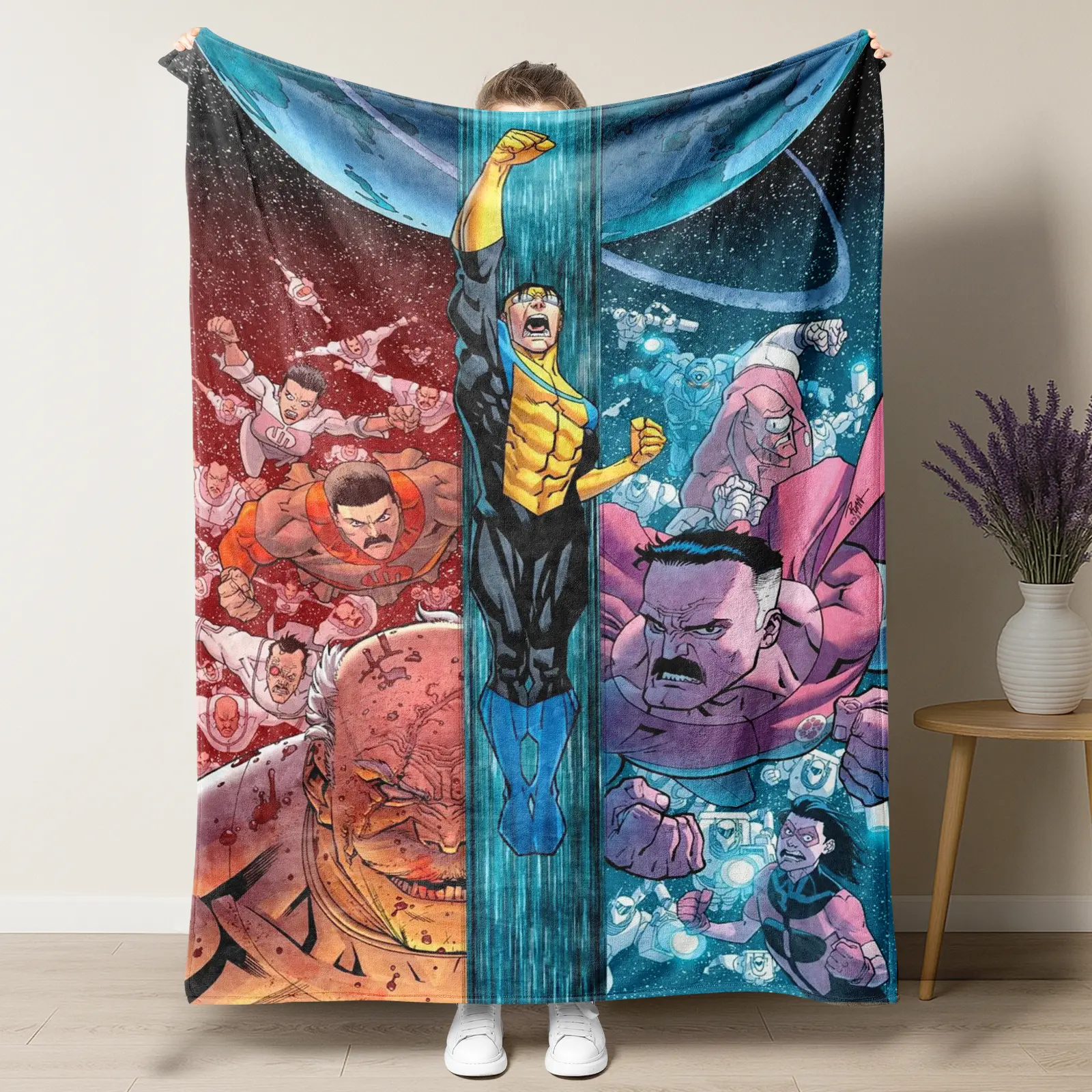 Invincible Comic Book Fleece Blanket - Epic Battle Graphic Art, Ultra-Light Soft Plush Throw for Bedroom-Couch, Geeky Theme Room Decor for Gaming Setup