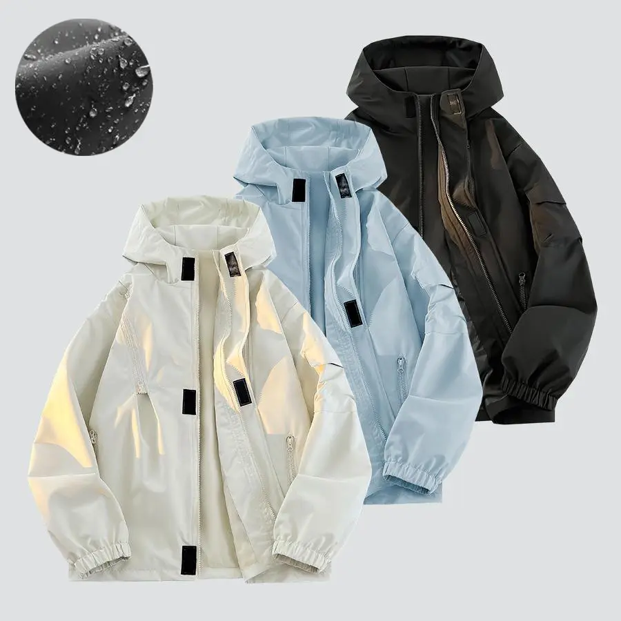 Men’s Minimalist Solid-Color Long Sleeve Zip-Up Hooded Jacket - Polyester, Windproof, Wear-Resistant, Loose-Fit, Casual Street-Style Outerwear with Pockets for Outdoor Travel