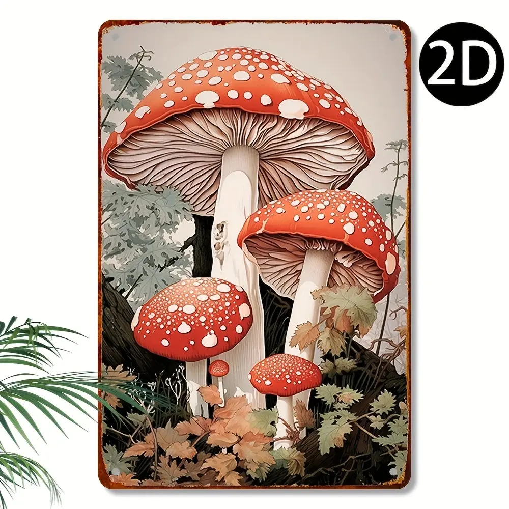 Vintage Red & Orange Mushroom Jungle Metal Tin Sign - Retro 2D Flat Wall Art with Lush Green Foliage - Ideal for Kitchen, Man Cave Decor - Perfect Housewarming or Birthday Gift, 8x12x1in (20x30cm)