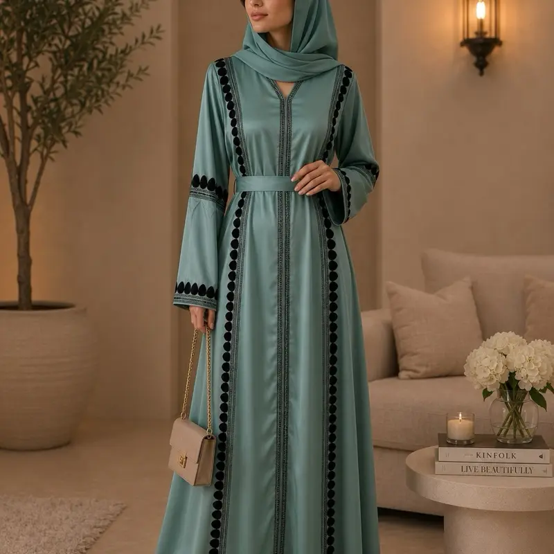 Women's #12 Dubai Luxury 1-Piece Abaya Dress Set - Long Sleeve, Bell Sleeve, V-Neck, Modest Fashion, Hijabi Outfits, Classic Glamorous Modern Design with Matching Hijab and Belt