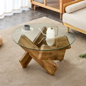Circular Glass Coffee Table, 33.4-Inch Modern And Distinctive Design Tea Table.Tempered Glass Countertop, Wood Colored MDF Table Legs.Suitable For Living Rooms And Farmhouses(5 Types)