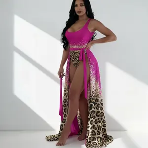 Pink & Leopard Print One-Piece Swimsuit with Sheer Wrap Skirt 2-Piece Set Tummy Control Ombre Leopard Swimsuit with Matching Chiffon Cover Up