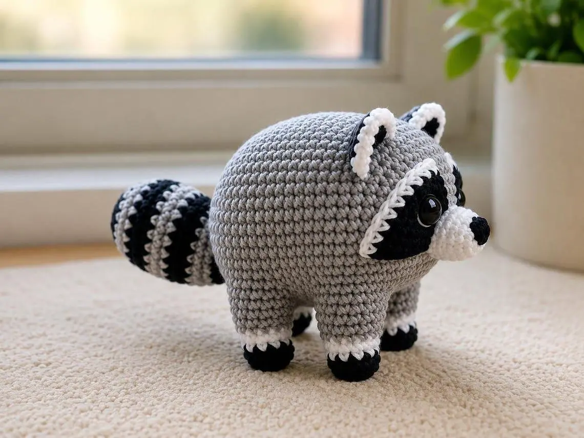 Handmade Crochet Raccoon Plush, Cute Amigurumi Raccoon Toy, Woodland Animal Decor, Kawaii Stuffed Animal, Baby Shower Gift, Nursery Decor