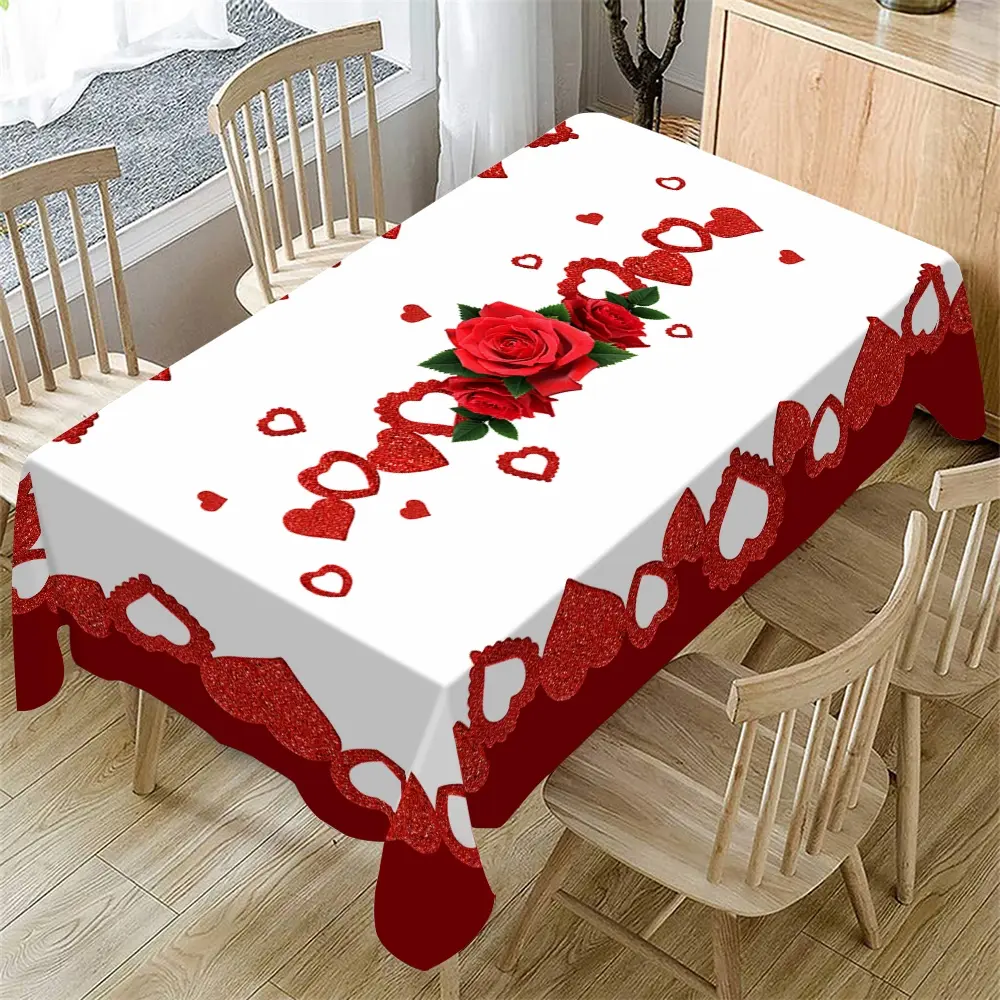 Valentine's Day Rectangle Tablecloth with Aesthetic Rose Heart Design, Indoor and Outdoor Use for Home Kitchen Decor, Perfect for Christmas, Weddings, Parties, and Picnics