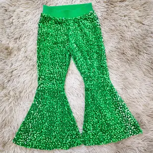 Green elastic waist sequin flare pants with lining girls boutique bottoms