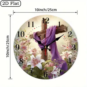 1pc Decorative Wall Clock Featuring an Artistic Wooden Design of a Cross with Floral Elements (25cm) - Silent Quartz Movement, Battery-Powered, Ideal for Living Room or Bedroom Décor