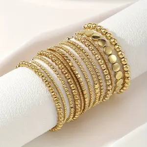 13-Pcs Bohemian Stretch Golden Beads Bracelet Set Elegant Women Multi-Layer Flat & Star Beads Chain Classic Chic Women's Round and Square Beads Stackable Bracelets Daily Wear Party Beach Bracelet Jewelry