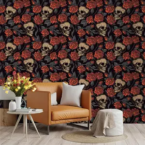 1 piece of black exaggerated skull and red rose print wallpaper, used for bedroom, living room, kitchen, bathroom wall and cabinet renovation, home decoration wallpaper