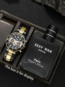 Men's Luxury Gift Box Set ( Gold Quartz Watch + Classic Perfume), Elegant Details, Perfect for Daily Use & Parties, Ideal Gift Choice