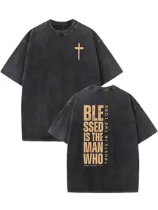Men's 100% Cotton Retro Casual Distressed Fabric T-Shirt - "Blessed Is The Man Who Trusts In The Lord" Jeremiah 17:7 Vintage Washed Menswear Top,summerwins