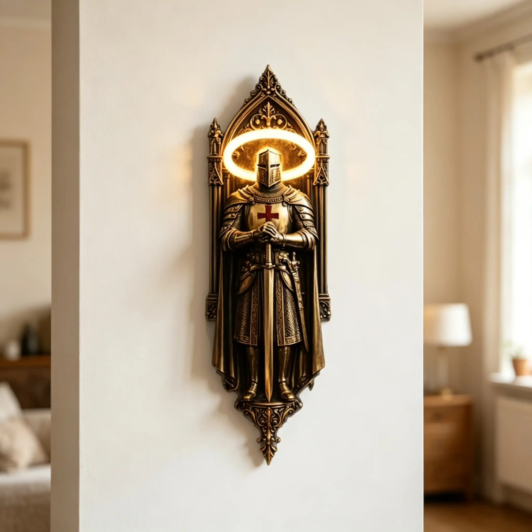 Dark Medieval Resin Wall Light with Glowing Halo, Cross Warrior Sculpture Lamp for Bedroom Living Room