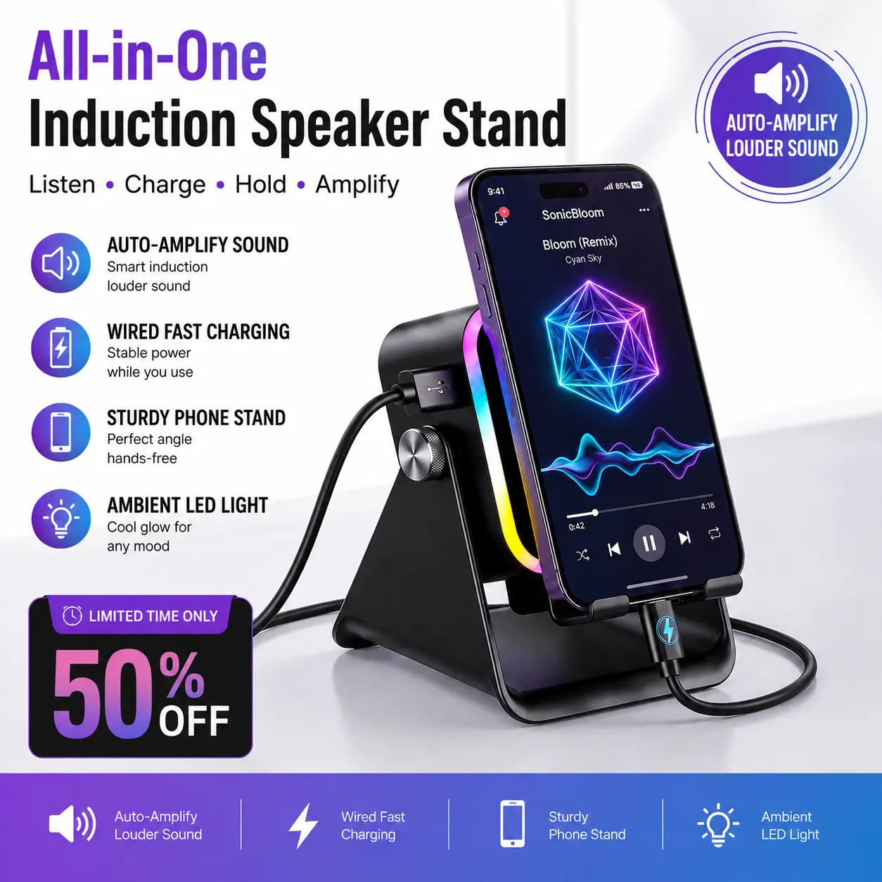 Wireless Induction Audio Speaker Stand 5 in 1 Phone Holder with 3500mAh Power Bank with Colorful Ambient Light Adjustable Desktop Speaker Stand for iPhone Android Back to School Gifts for Men Women Halloween Gift For Girlfriend