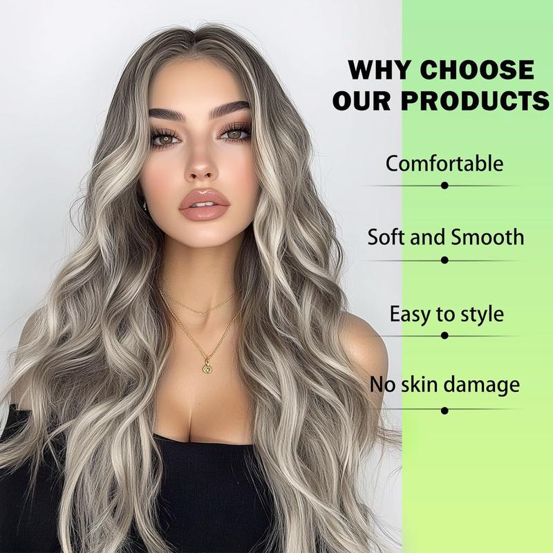 Long wave Ombre Grey Curly Hair Wigs for Women with Dark Roots, 13x4 Lace Front Wig Heat Resistant Synthetic Fiber, Glueless Snythetic Hair Wigs Middle Part Wig for Cosplay, Costume Parties, Daily Fashion(30 Inch)