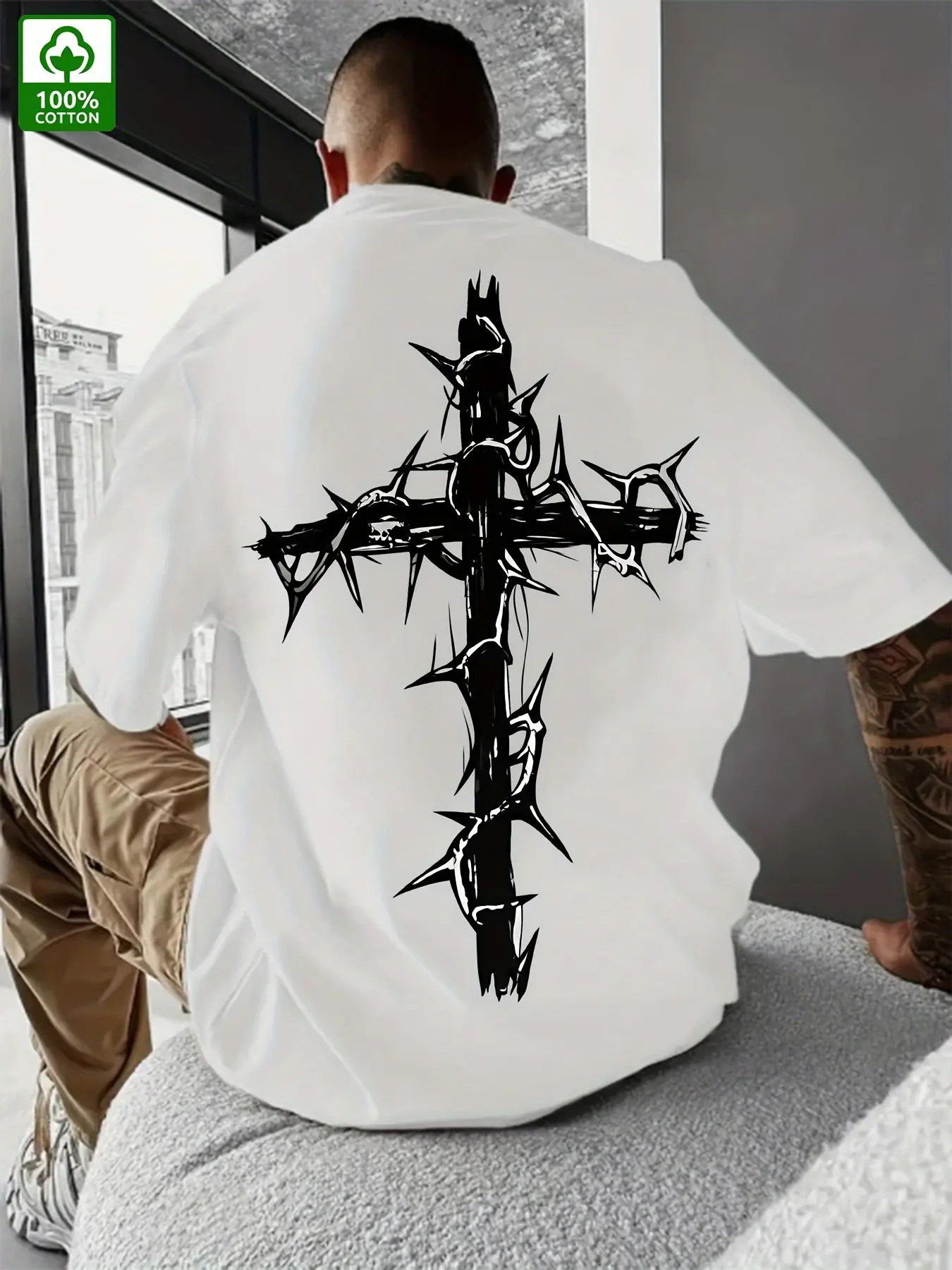 Men's Big & Tall Heavyweight Cotton T-Shirt - Back Thorn Cross Graphic Tee (Black/White) - Breathable Crewneck Shirt for Gym, Outdoor, Casual Attire - Machine Washable All-Season Casual Top - Gothic Streetwear Essential, Gym Apparel, Short Sleeve Design,