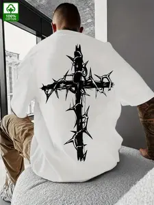 Men's Big & Tall Heavyweight Cotton T-Shirt - Back Thorn Cross Graphic Tee (Black/White) - Breathable Crewneck Shirt for Gym, Outdoor, Casual Attire - Machine Washable All-Season Casual Top - Gothic Streetwear Essential, Gym Apparel, Short Sleeve Design,