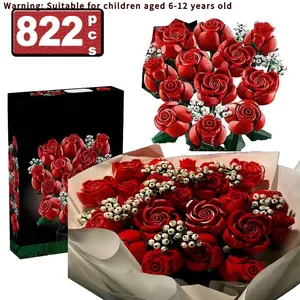 822PCS Moc Red Roses Bunch of Flowers Building Blocks Model City Romantic Home Decoration Friends Bricks Toys Girls Festival DIY Gifts
