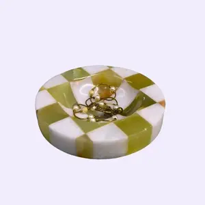 Checker Catchall Green Onyx Jewelry Dish Stone Soap Dish Coffee Table Decor Hand Carved Stone Bowl Candle Holder Christmas Gift for Her
