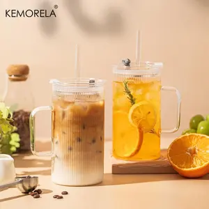 Large Ribbed Glass Tumbler with Handle & Lid, 2 Counts Transparent Lemon Glass Cup with Reusable Straw, Durable Glass Cup, Kitchenware Drinking Cup for Home Office Use, Drinkware