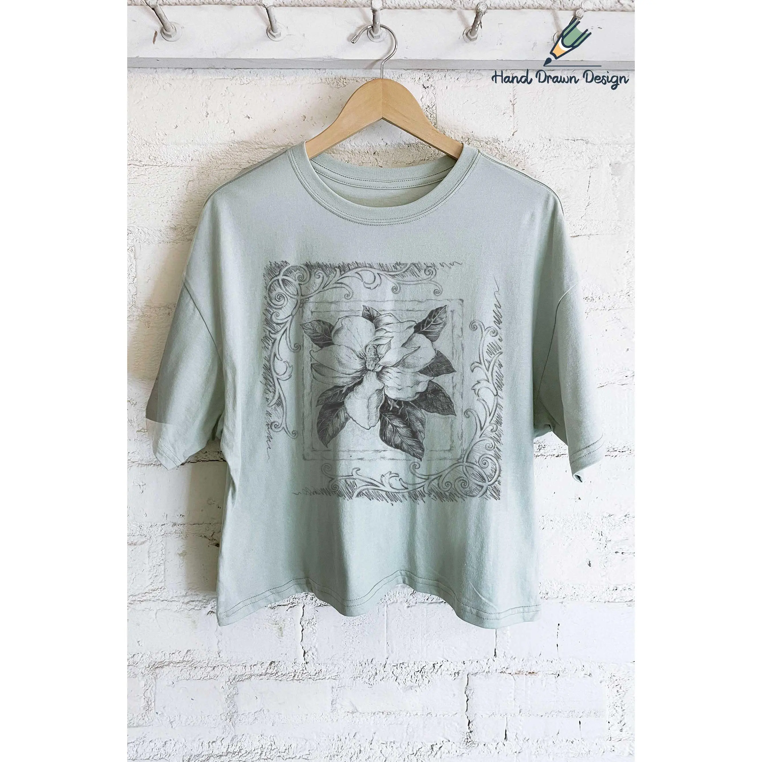 Rustee Clothing - MAGNOLIA FLOWER HAND DRAWN GRAPHIC LONG CROP TOP: Dusty mint