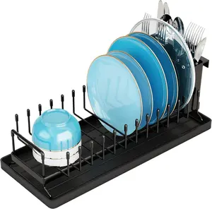 Small Dish Drying Rack - Compact Dish Rack for Kitchen Counter with Silicone Dish Drying Mat, Stainless Steel Dish Drainer for Kitchen Sink Cabinet, Space Saving Plate Rack Cutlery Holder