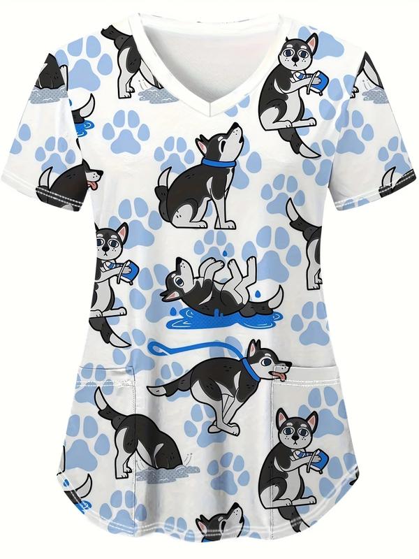 Medical Uniform for Women cute Cat and Dog Print V-Neck Clinical Uniform Short Sleeve Patch Pocket Tops Surgical Uniforms Woman