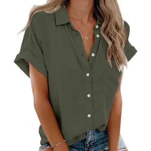 Imily Bela Women's V-Neck Collared Button Blouse, Short-Sleeve, Loose Basic Lady Top with Pocket, Soft Comfortable Casual Shirt