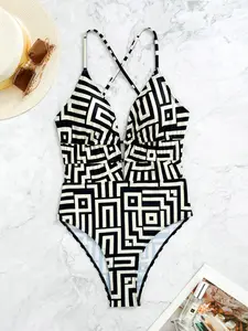 Women's Geometric Print One-Piece Swimsuit, Casual Sleeveless Swimwear for Beach Holiday Vacation, Ladies Swimsuit for All Seasons, Swimsuit Beachwear