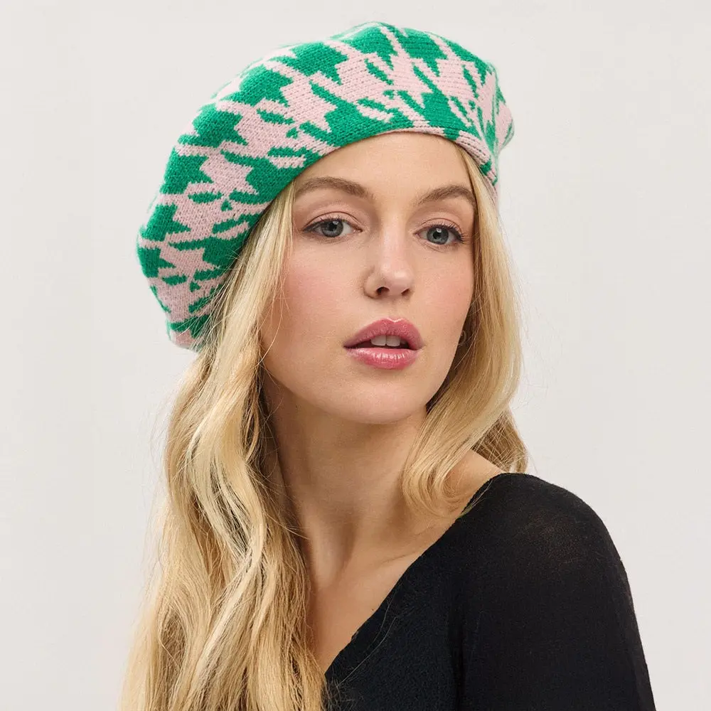 Pink And Green Houndstooth Knit Beret Hat