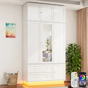 92.2" Tall Armoire Wardrobe Closet with Mirror & Motion Sensor Light, Large Storage Cabinet with 2 Drawers, Hanging Rod & Adjustable LED Strip, Anti-Tipping Wood Bedroom Furniture, 47.4"L, White/Black