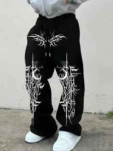 Men's Casual Sporty Long Pants, Moon Thorn Totem Graphic Print, Drawstring Wide Leg, Loose-Fitting, Casual Fit Bottoms, All Seasons Wear