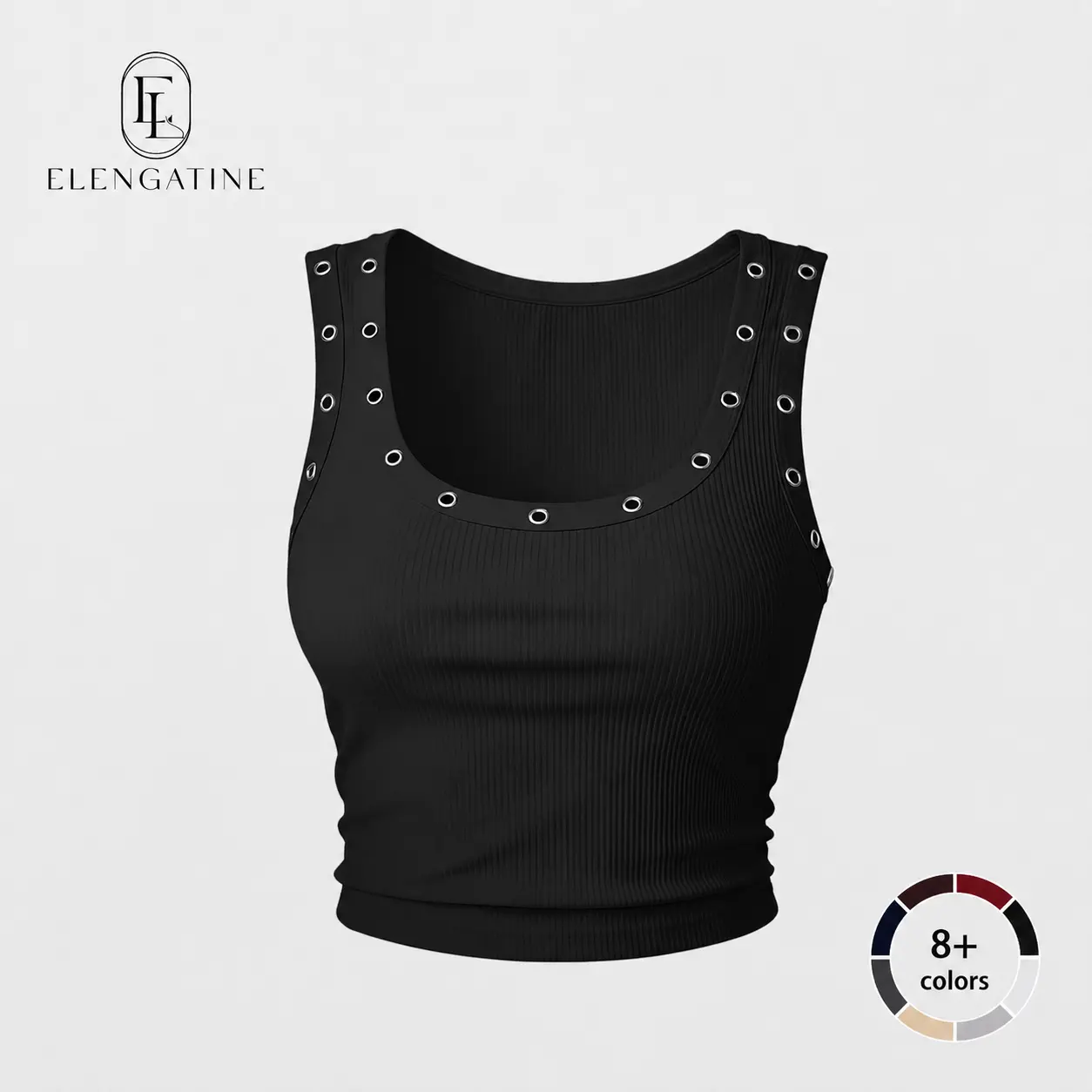 Women's Ribbed Crop Tank Top – Grommet Detail Scoop Neck, Slim Fit Stretch Fabric, Y2K Street Style, Perfect for Casual/Night Out/Festival Looks, Easy to Pair with Jeans or Cargo Pants,summerwins,summeroutfits,vacationoutfits,beachoutfits