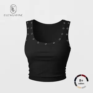 Women's Ribbed Crop Tank Top – Grommet Detail Scoop Neck, Slim Fit Stretch Fabric, Y2K Street Style, Perfect for Casual/Night Out/Festival Looks, Easy to Pair with Jeans or Cargo Pants,summerwins,summeroutfits,vacationoutfits,beachoutfits